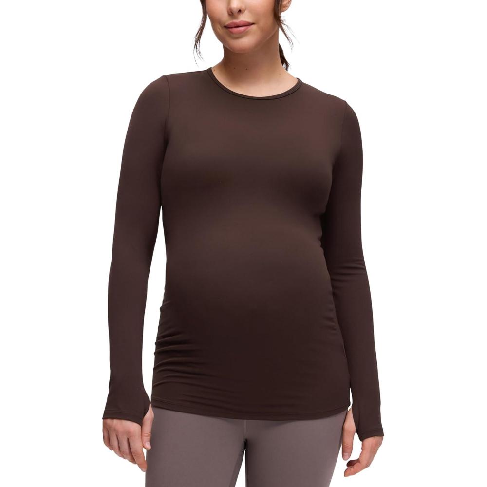 imageCRZ YOGA Butterluxe Maternity Crewneck Long Sleeve Shirts Athletic Yoga Casual Pregnancy Womens Tee Tops Basic Layer SoftHot Fudge Brown
