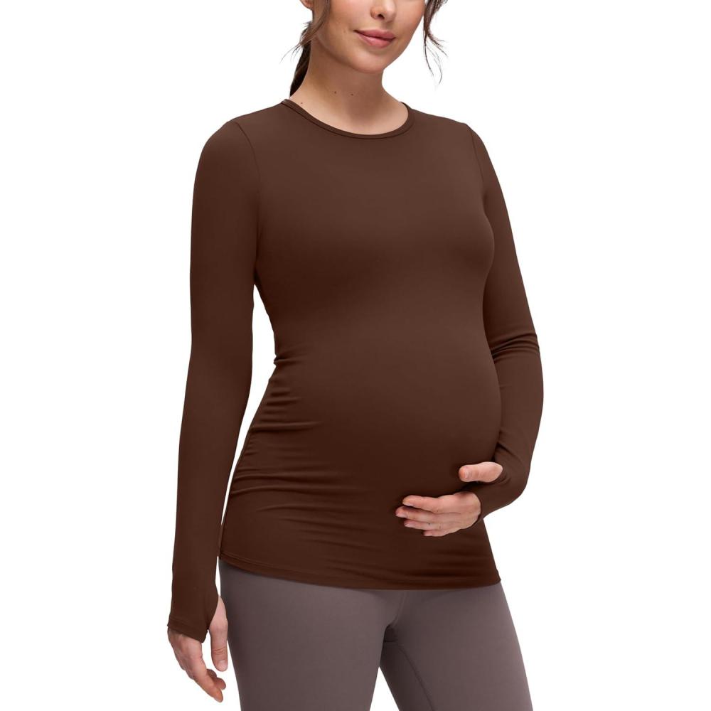 imageCRZ YOGA Butterluxe Maternity Crewneck Long Sleeve Shirts Athletic Yoga Casual Pregnancy Womens Tee Tops Basic Layer SoftLava Brown