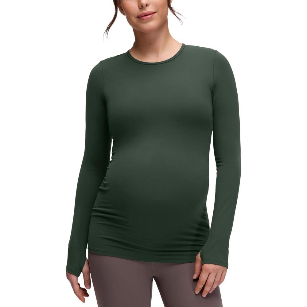 imageCRZ YOGA Butterluxe Maternity Crewneck Long Sleeve Shirts Athletic Yoga Casual Pregnancy Womens Tee Tops Basic Layer SoftLegend Green