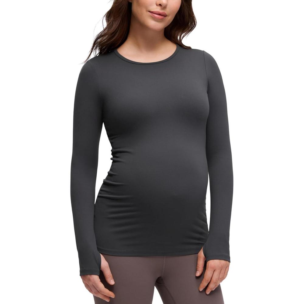 imageCRZ YOGA Butterluxe Maternity Crewneck Long Sleeve Shirts Athletic Yoga Casual Pregnancy Womens Tee Tops Basic Layer SoftMysterious Grey