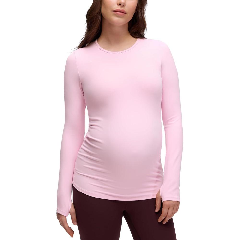 imageCRZ YOGA Butterluxe Maternity Crewneck Long Sleeve Shirts Athletic Yoga Casual Pregnancy Womens Tee Tops Basic Layer SoftPink Peony