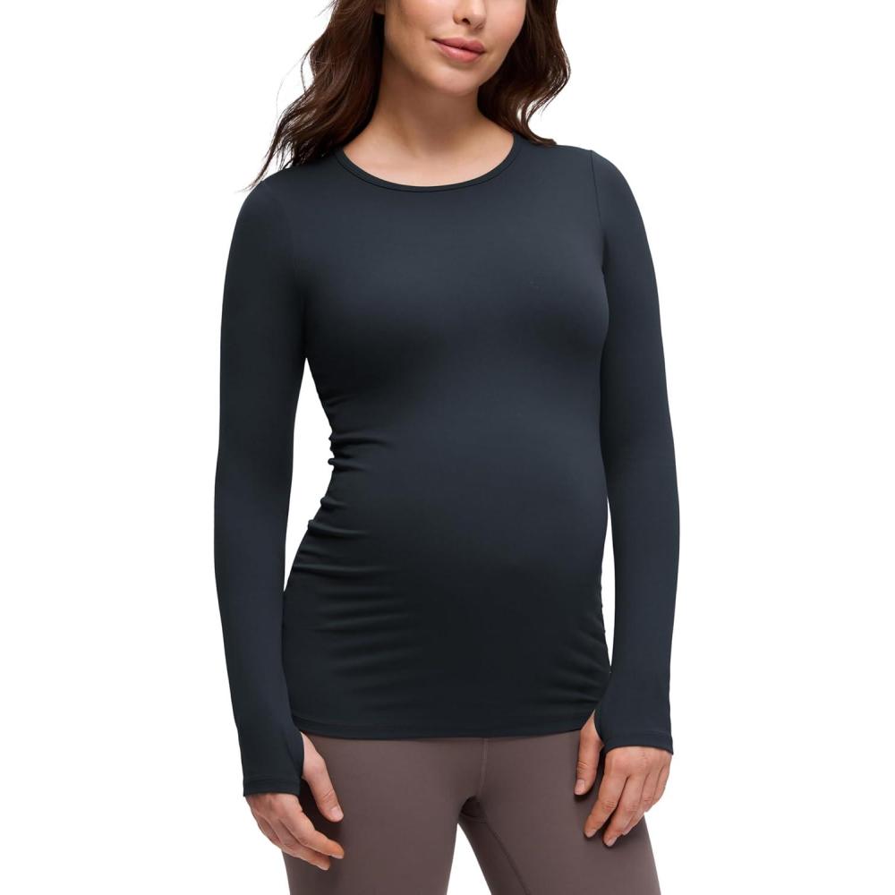 imageCRZ YOGA Butterluxe Maternity Crewneck Long Sleeve Shirts Athletic Yoga Casual Pregnancy Womens Tee Tops Basic Layer SoftTrue Navy