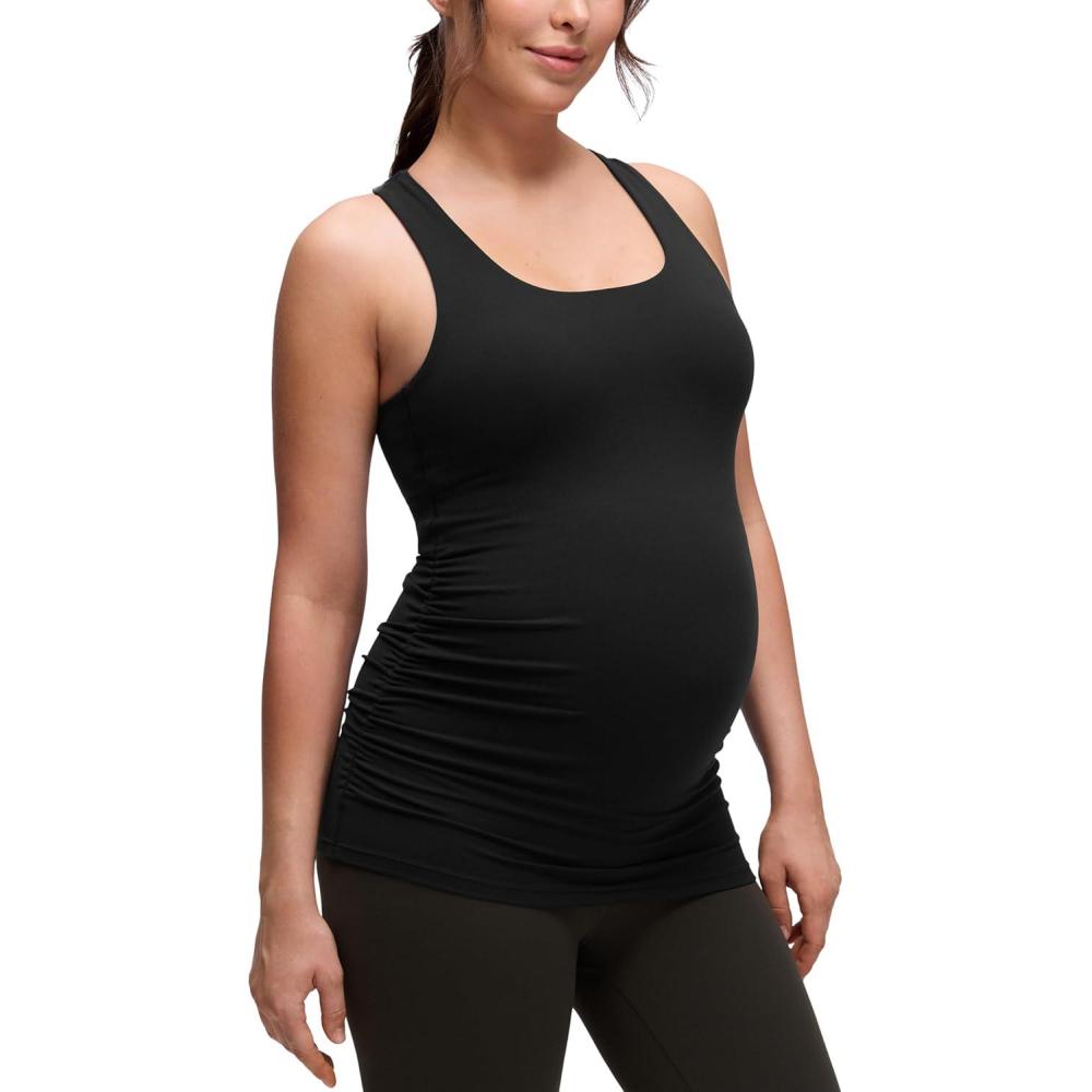 imageCRZ YOGA Butterluxe Maternity Racerback Tank Tops Ruched Sleeveless Womens Pregnancy Yoga Workout Shirt with Built in BraBlack