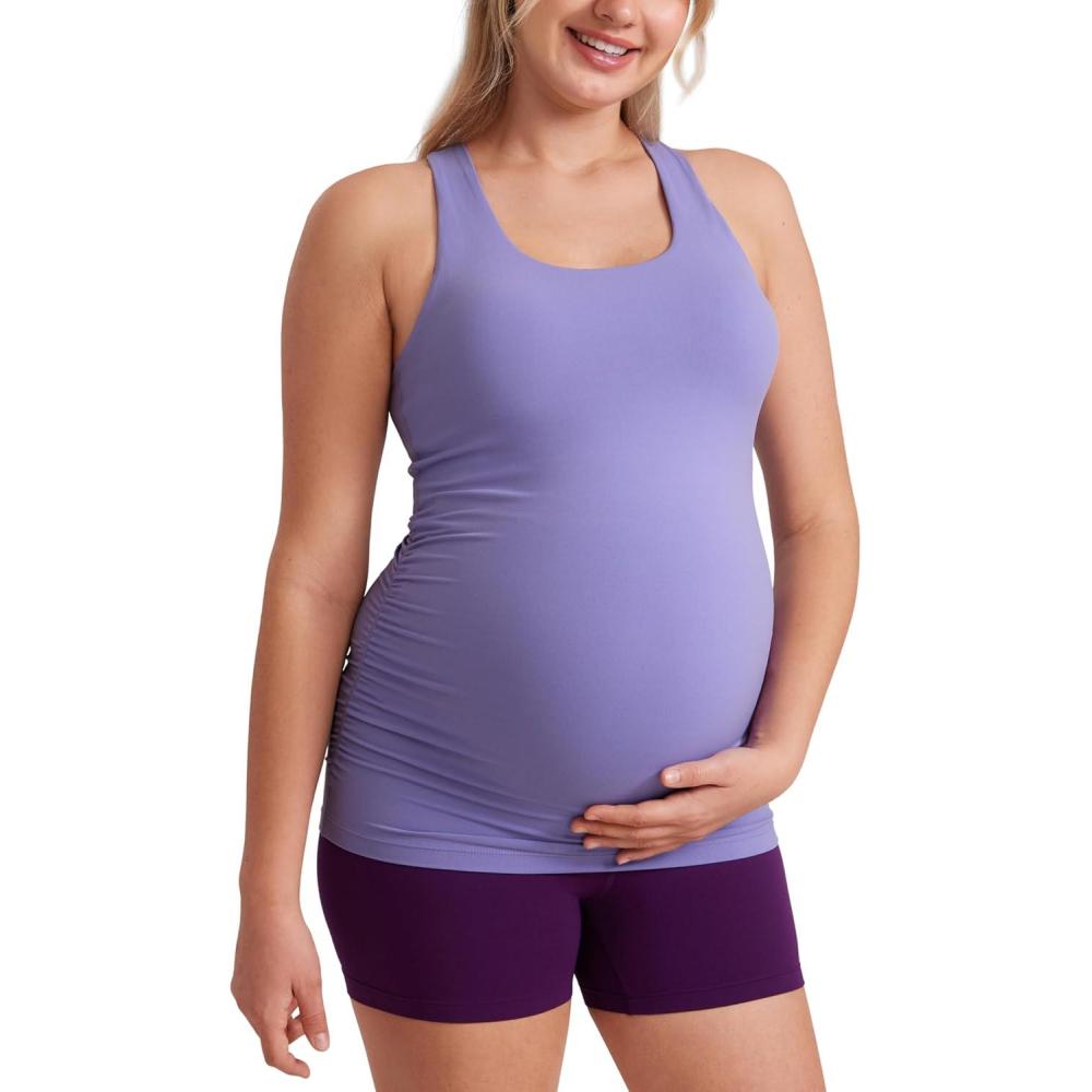 imageCRZ YOGA Butterluxe Maternity Racerback Tank Tops  Ruched Sleeveless Womens Pregnancy Yoga Workout Shirt with Built in BraDark Lavender Purple