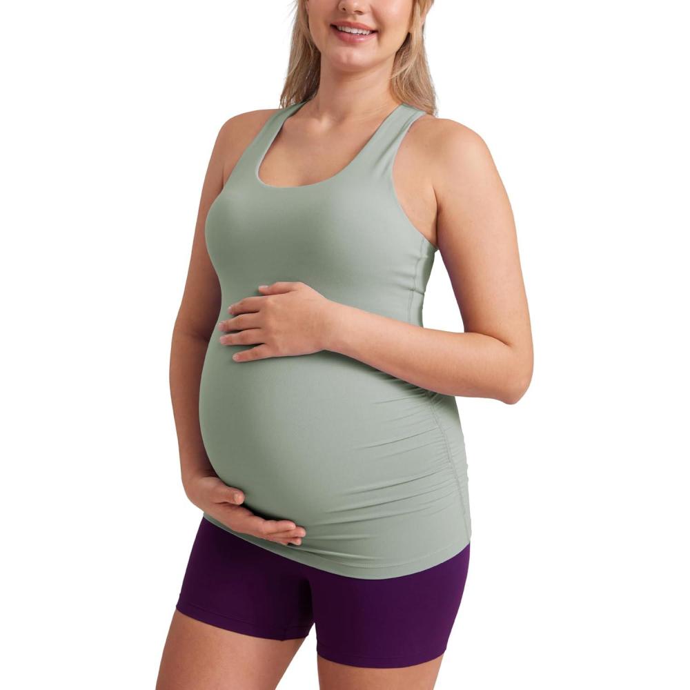 imageCRZ YOGA Butterluxe Maternity Racerback Tank Tops Ruched Sleeveless Womens Pregnancy Yoga Workout Shirt with Built in BraGreen Palm Court
