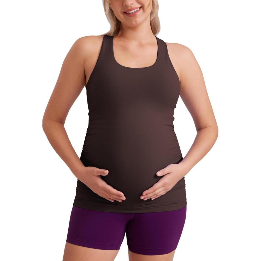 imageCRZ YOGA Butterluxe Maternity Racerback Tank Tops  Ruched Sleeveless Womens Pregnancy Yoga Workout Shirt with Built in BraHot Fudge Brown