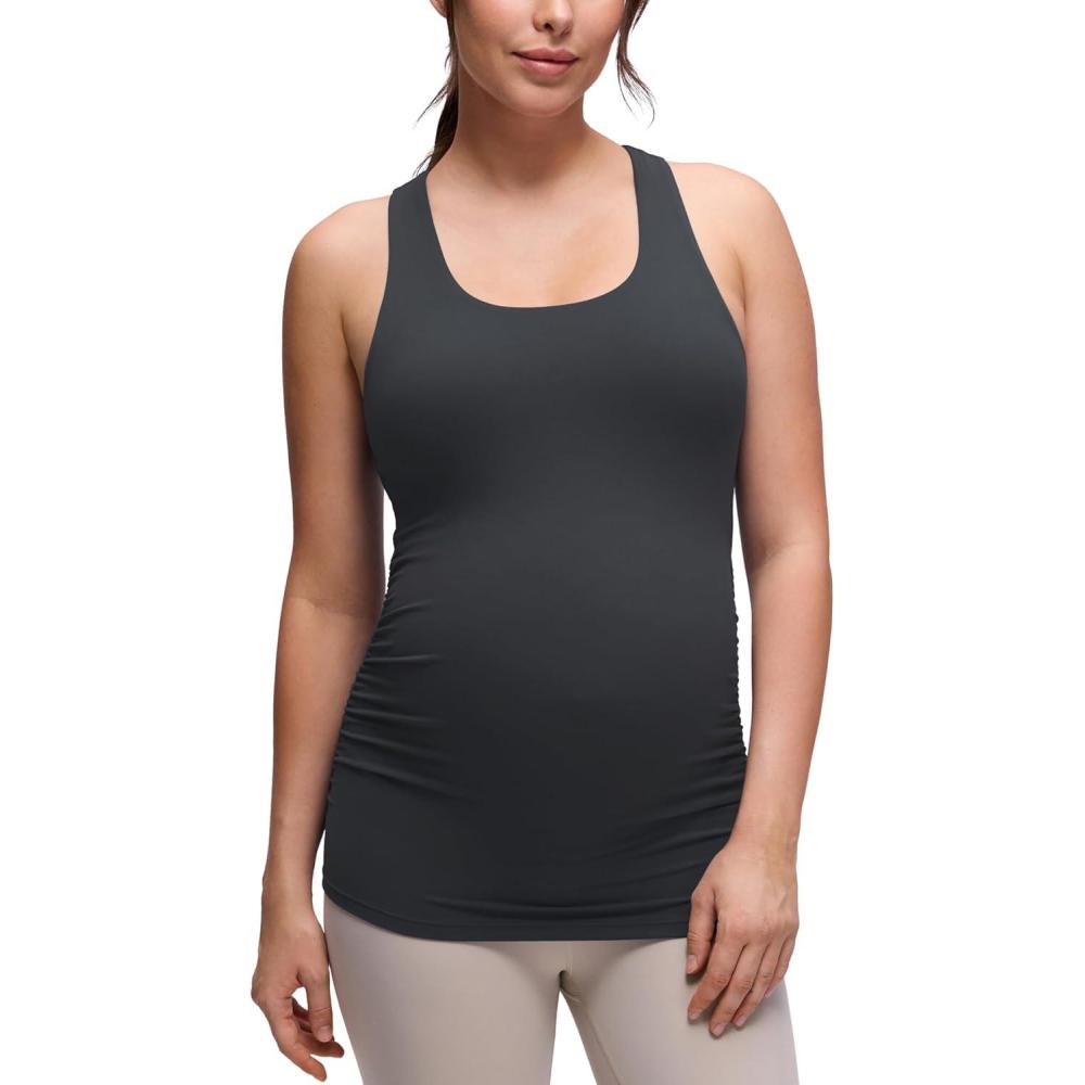 imageCRZ YOGA Butterluxe Maternity Racerback Tank Tops Ruched Sleeveless Womens Pregnancy Yoga Workout Shirt with Built in BraMysterious Grey