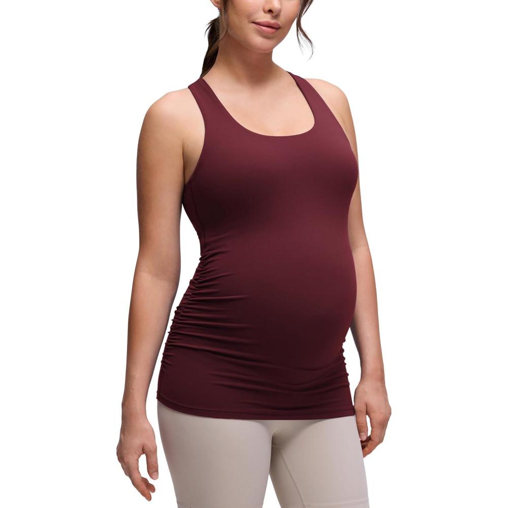 imageCRZ YOGA Butterluxe Maternity Racerback Tank Tops Ruched Sleeveless Womens Pregnancy Yoga Workout Shirt with Built in BraRed Merlot