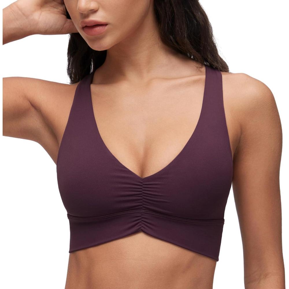 imageCRZ YOGA Butterluxe Ruched Longline Sports Bras for Women  V Neck Padded Yoga Tank Wide Straps Cross Back Crop TopsDeep Purple