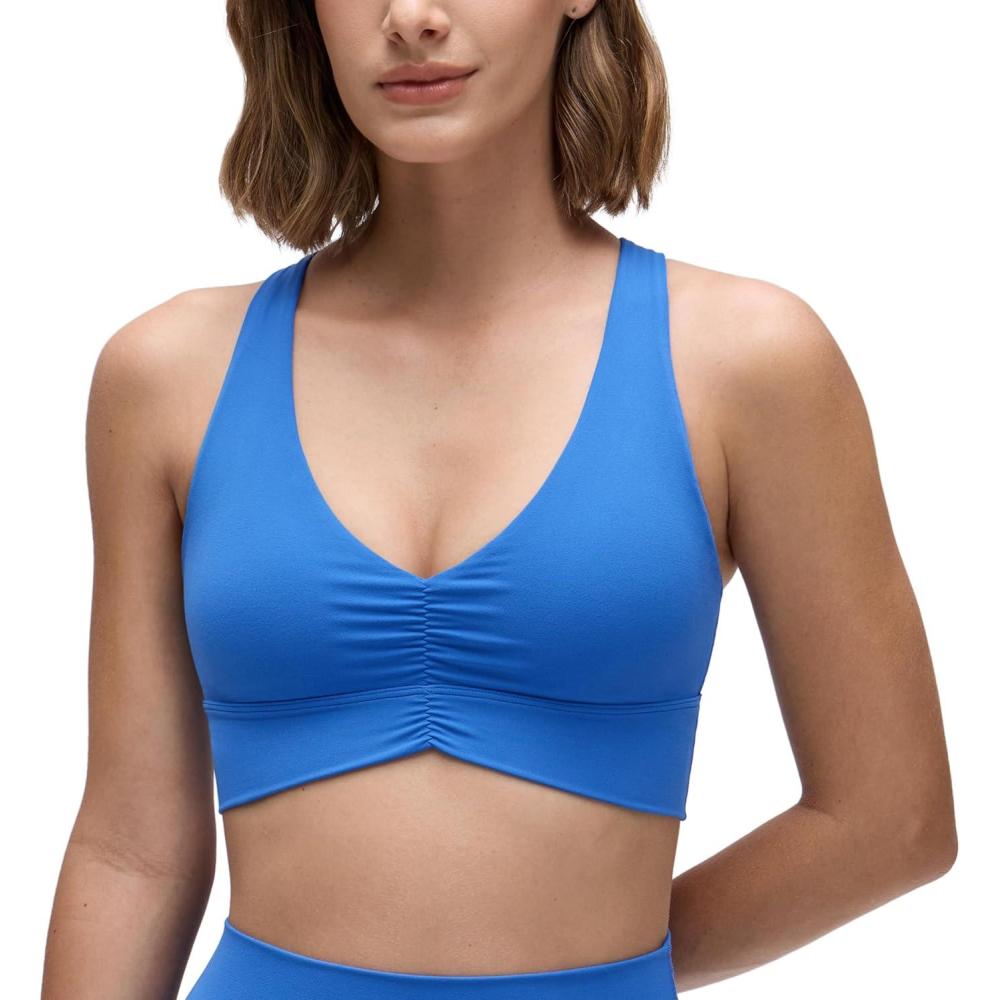 imageCRZ YOGA Butterluxe Ruched Longline Sports Bras for Women  V Neck Padded Yoga Tank Wide Straps Cross Back Crop TopsSparkle Blue