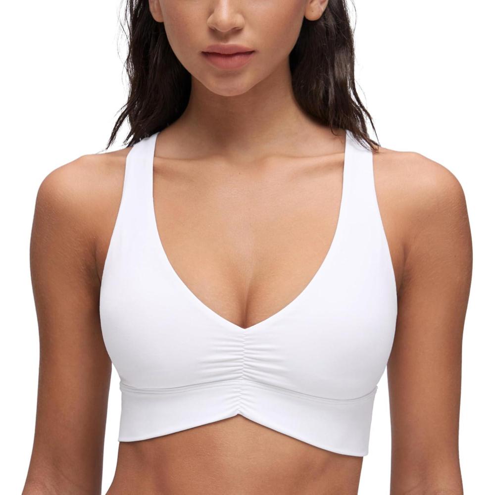 imageCRZ YOGA Butterluxe Ruched Longline Sports Bras for Women V Neck Padded Yoga Tank Wide Straps Cross Back Crop TopsWhite