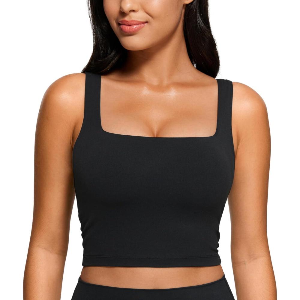 imageCRZ YOGA Butterluxe Square Neck Crop Tank Tops for Women Workout Longline Sports Bras Padded Yoga CamisoleBlack