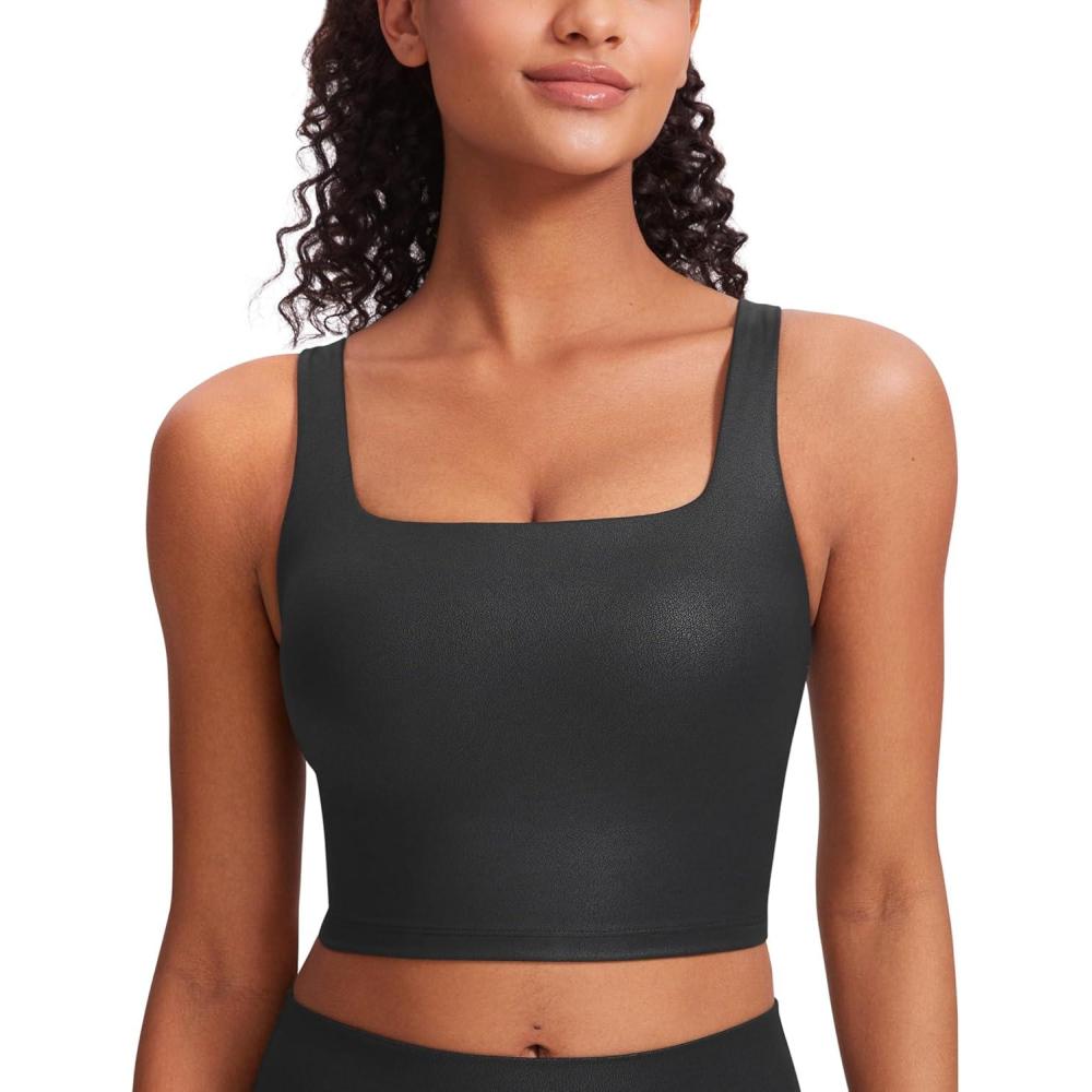 imageCRZ YOGA Butterluxe Square Neck Crop Tank Tops for Women Workout Longline Sports Bras Padded Yoga CamisoleBlack Foil Pattern