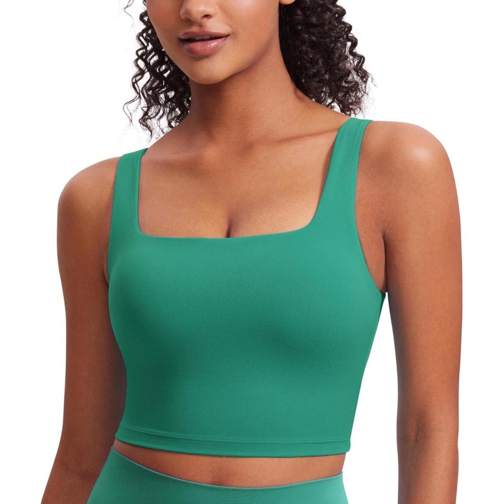 imageCRZ YOGA Butterluxe Square Neck Crop Tank Tops for Women Workout Longline Sports Bras Padded Yoga CamisoleCascadia Green