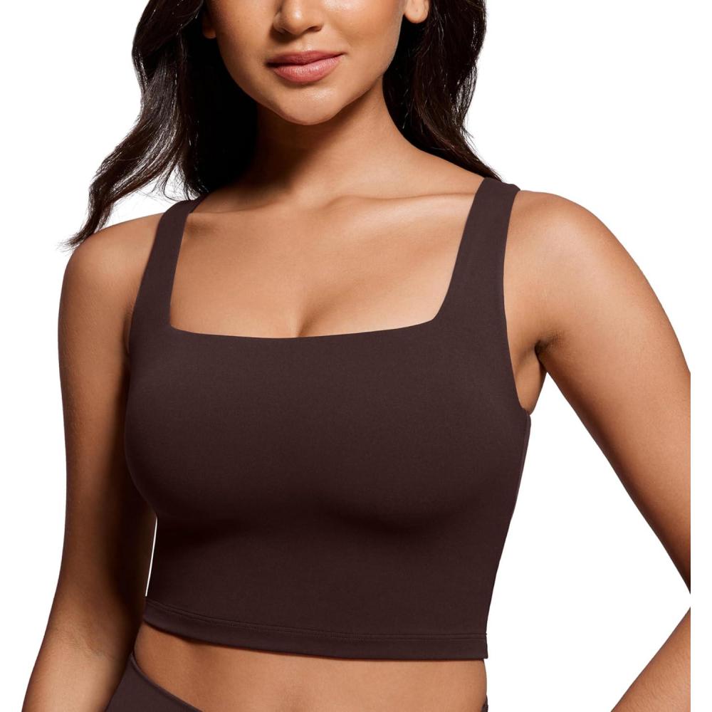 imageCRZ YOGA Butterluxe Square Neck Crop Tank Tops for Women Workout Longline Sports Bras Padded Yoga CamisoleHot Fudge Brown