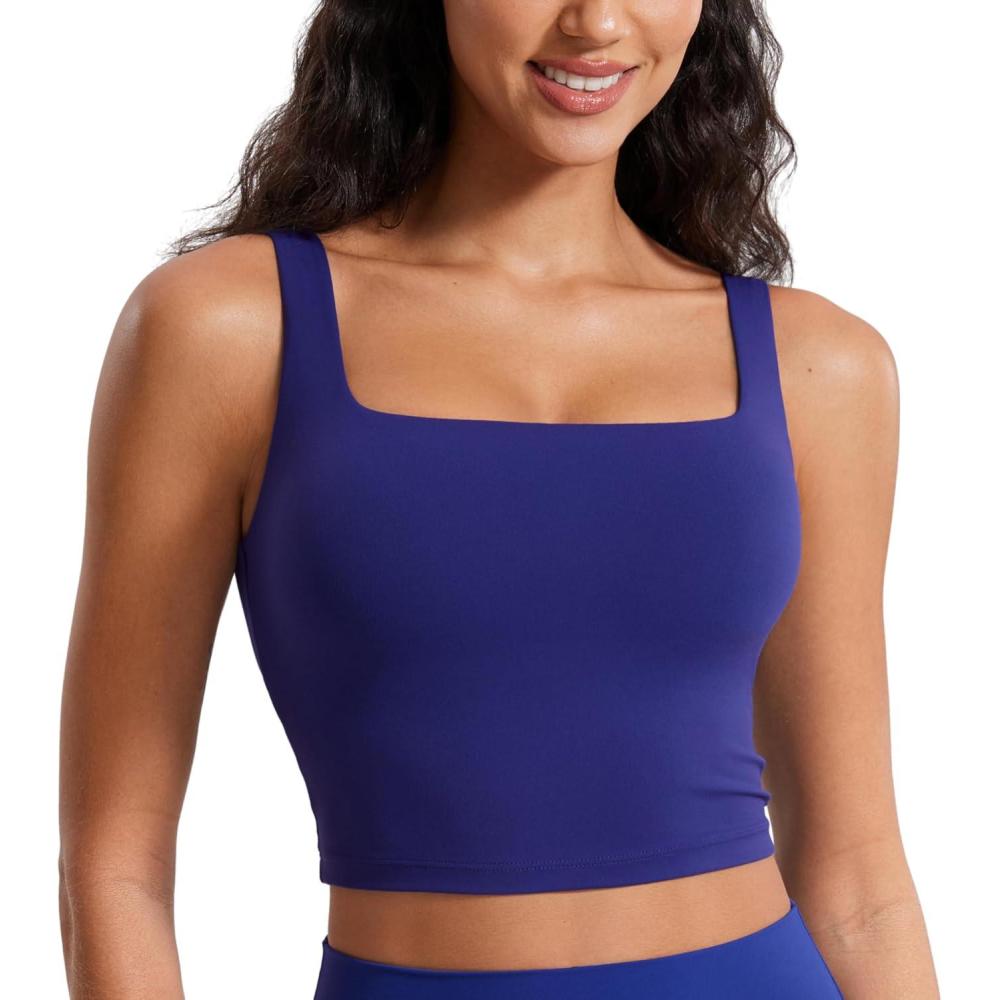 imageCRZ YOGA Butterluxe Square Neck Crop Tank Tops for Women Workout Longline Sports Bras Padded Yoga CamisoleLarkspur Blue
