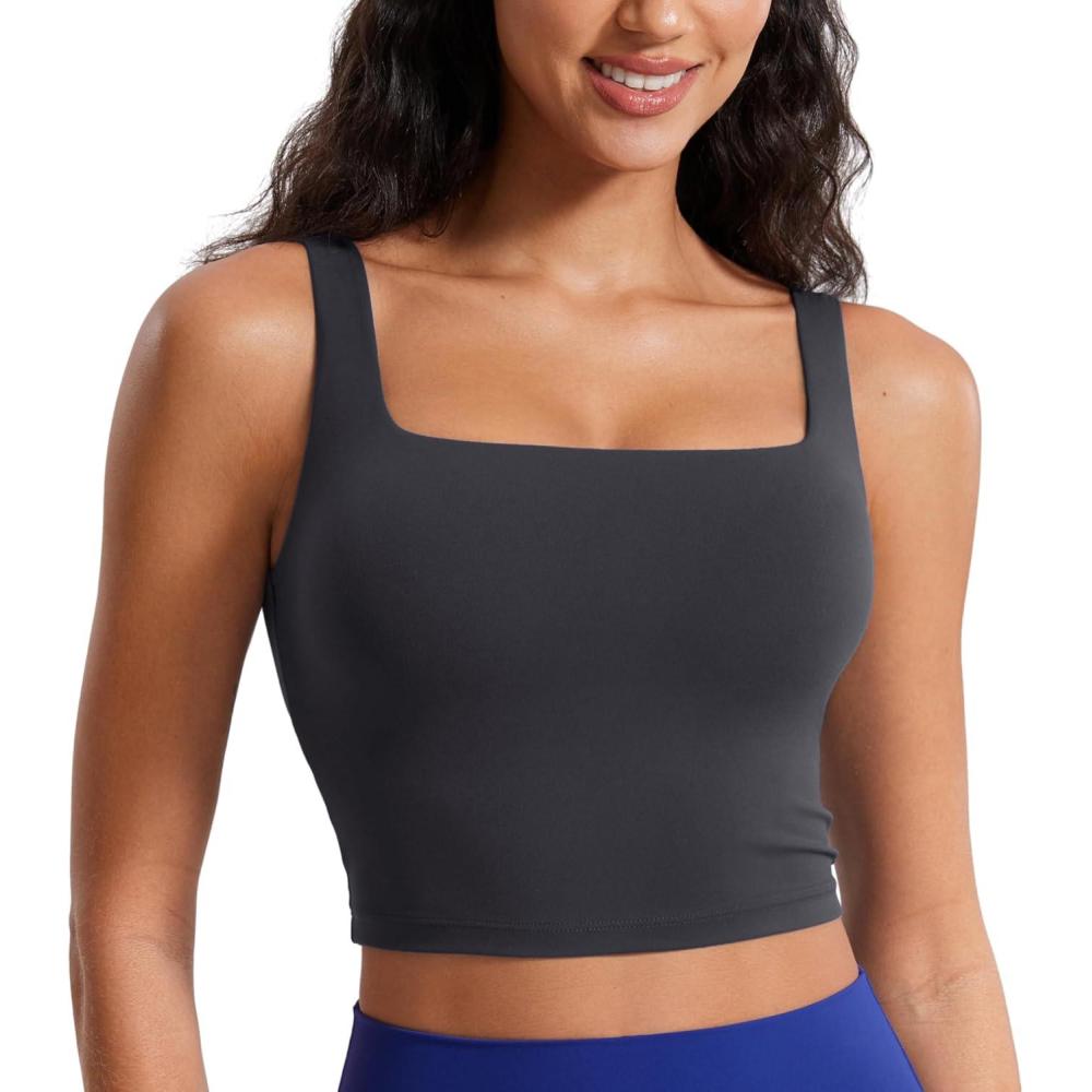 imageCRZ YOGA Butterluxe Square Neck Crop Tank Tops for Women Workout Longline Sports Bras Padded Yoga CamisoleMysterious Grey