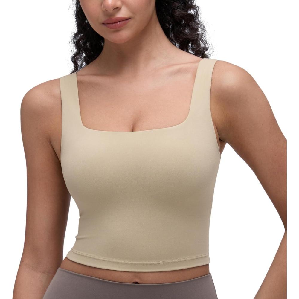 imageCRZ YOGA Butterluxe Square Neck Crop Tank Tops for Women Workout Longline Sports Bras Padded Yoga CamisoleOak