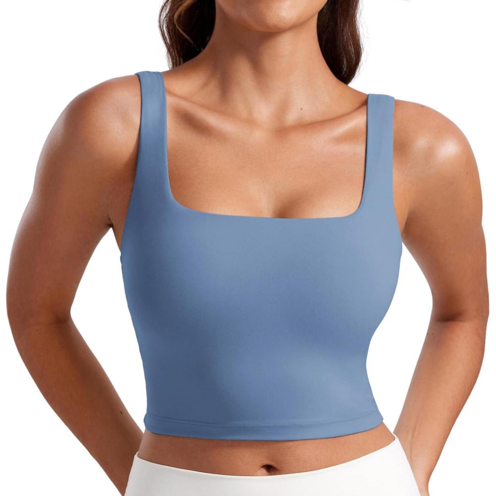 imageCRZ YOGA Butterluxe Square Neck Crop Tank Tops for Women Workout Longline Sports Bras Padded Yoga CamisoleOasis Blue