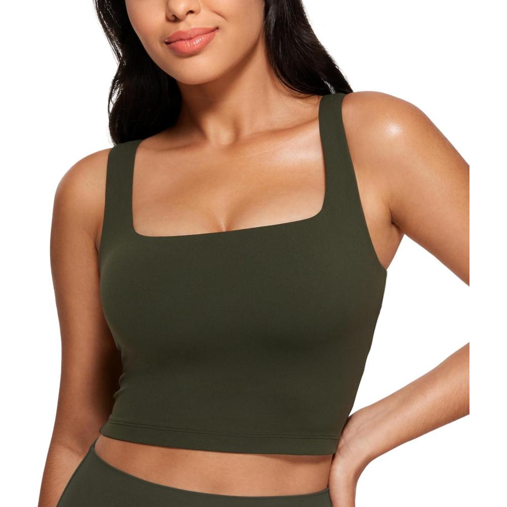 imageCRZ YOGA Butterluxe Square Neck Crop Tank Tops for Women Workout Longline Sports Bras Padded Yoga CamisoleOlive Green