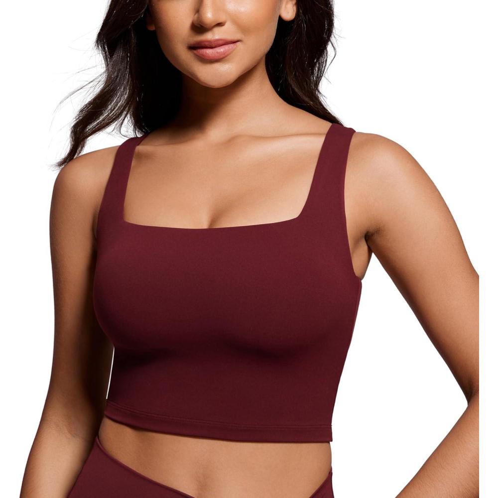 imageCRZ YOGA Butterluxe Square Neck Crop Tank Tops for Women Workout Longline Sports Bras Padded Yoga CamisoleRed Merlot