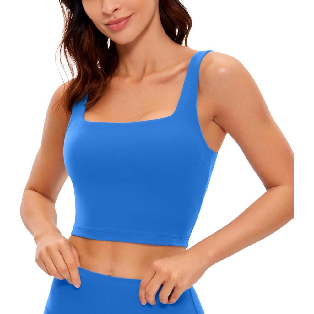 imageCRZ YOGA Butterluxe Square Neck Crop Tank Tops for Women Workout Longline Sports Bras Padded Yoga CamisoleSparkle Blue