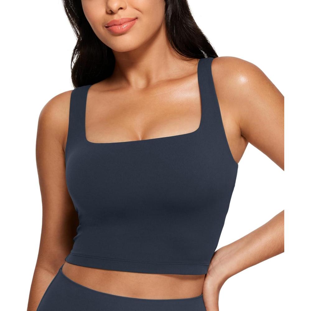 imageCRZ YOGA Butterluxe Square Neck Crop Tank Tops for Women Workout Longline Sports Bras Padded Yoga CamisoleTrue Navy