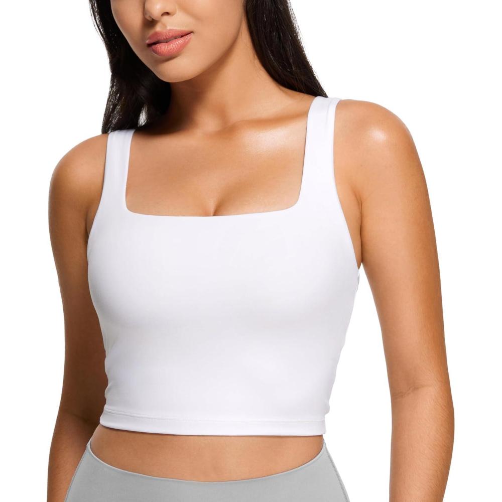 imageCRZ YOGA Butterluxe Square Neck Crop Tank Tops for Women Workout Longline Sports Bras Padded Yoga CamisoleWhite