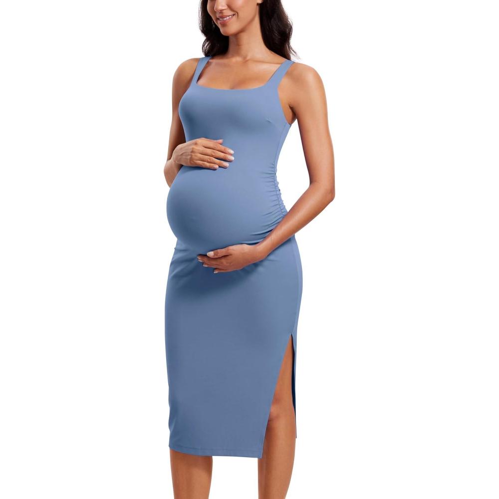 imageCRZ YOGA Butterluxe Square Neck Sleeveless Maternity Dress Split Ruched Tanks Womens Pregnancy Bodycon Casual Baby ShowerOasis Blue