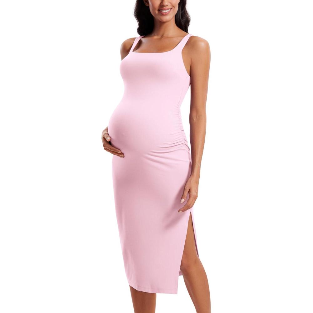 imageCRZ YOGA Butterluxe Square Neck Sleeveless Maternity Dress Split Ruched Tanks Womens Pregnancy Bodycon Casual Baby ShowerPink Peony