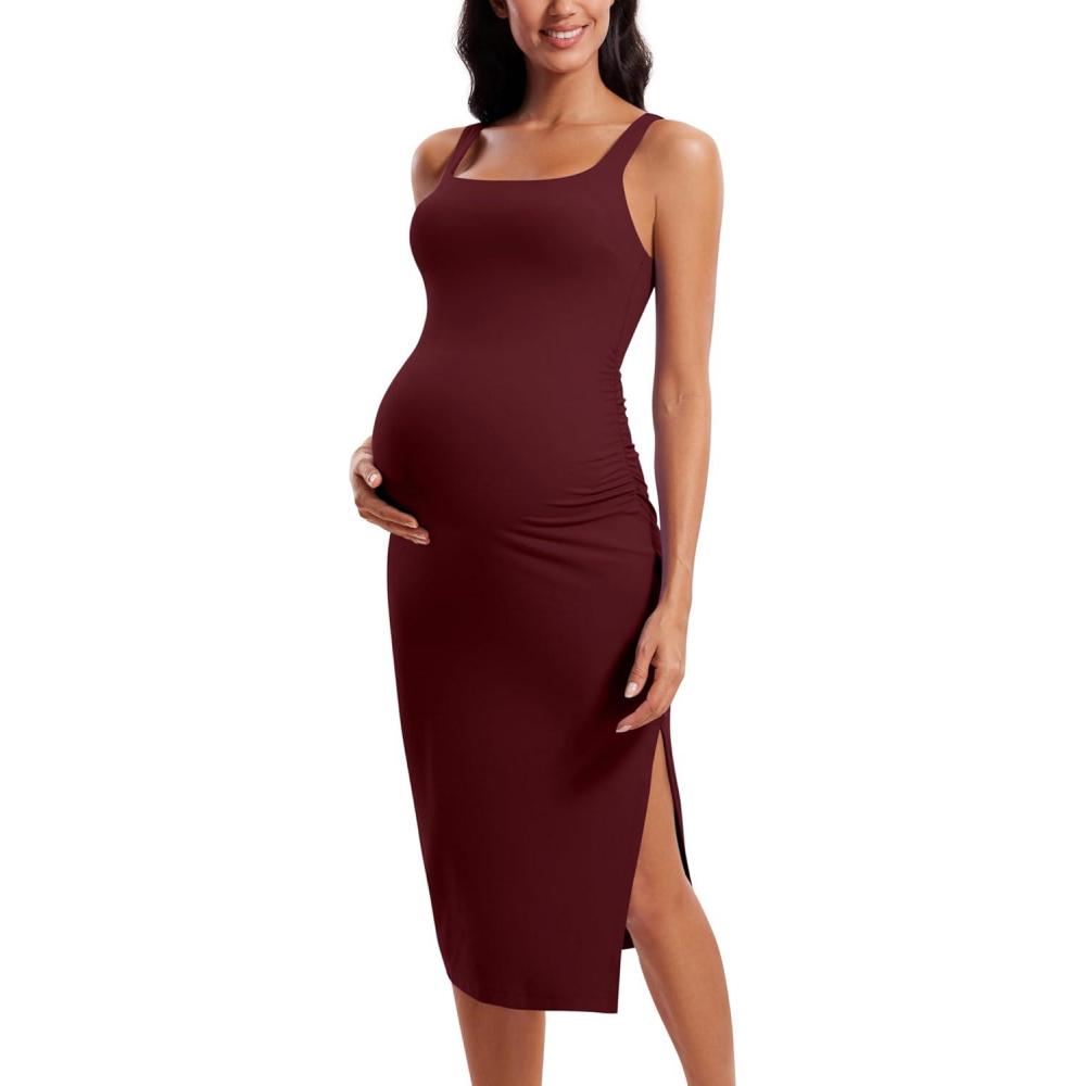 imageCRZ YOGA Butterluxe Square Neck Sleeveless Maternity Dress Split Ruched Tanks Womens Pregnancy Bodycon Casual Baby ShowerRed Merlot
