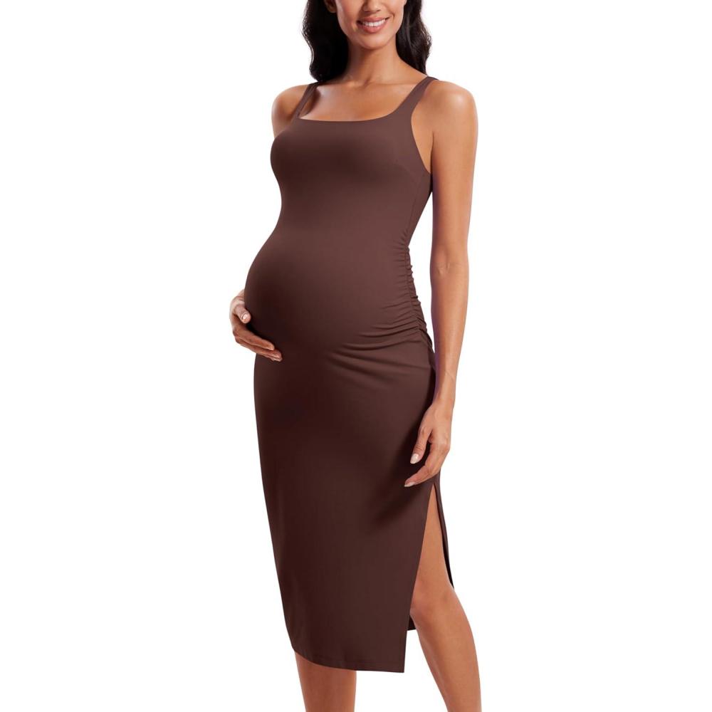 imageCRZ YOGA Butterluxe Square Neck Sleeveless Maternity Dress Split Ruched Tanks Womens Pregnancy Bodycon Casual Baby ShowerTaupe