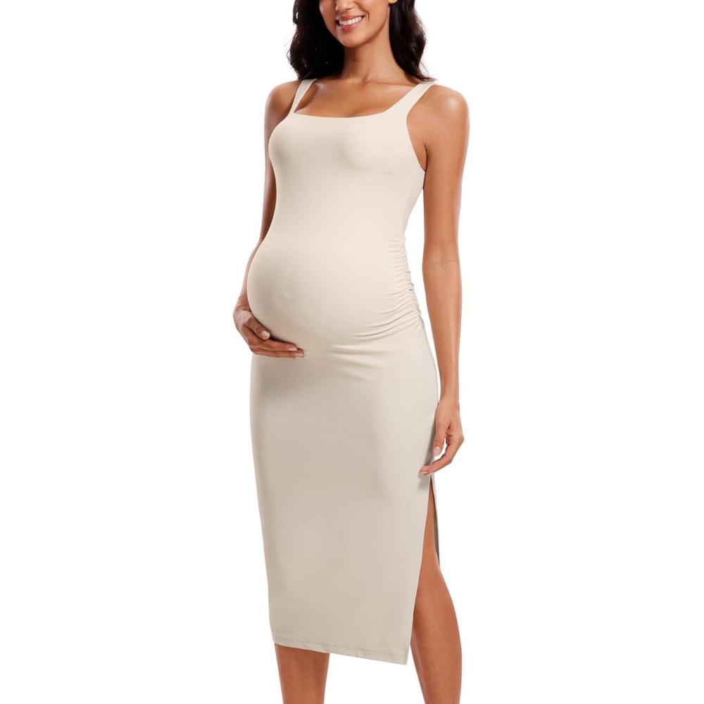 imageCRZ YOGA Butterluxe Square Neck Sleeveless Maternity Dress Split Ruched Tanks Womens Pregnancy Bodycon Casual Baby ShowerWhite Apricot