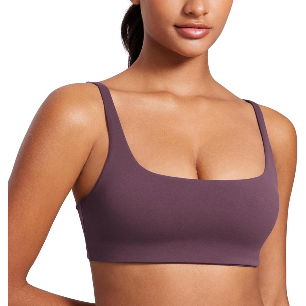 imageCRZ YOGA Butterluxe Square Neck Sports Bras for Women Spaghetti Strap Yoga Wireless Low Coverage Padded Cami Crop TopGrape Thistle Purple
