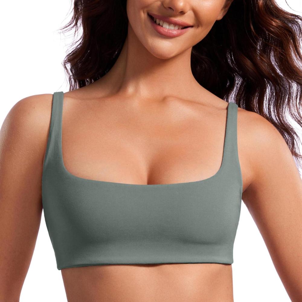 imageCRZ YOGA Butterluxe Square Neck Sports Bras for Women Spaghetti Strap Yoga Wireless Low Coverage Padded Cami Crop TopGrey Sage