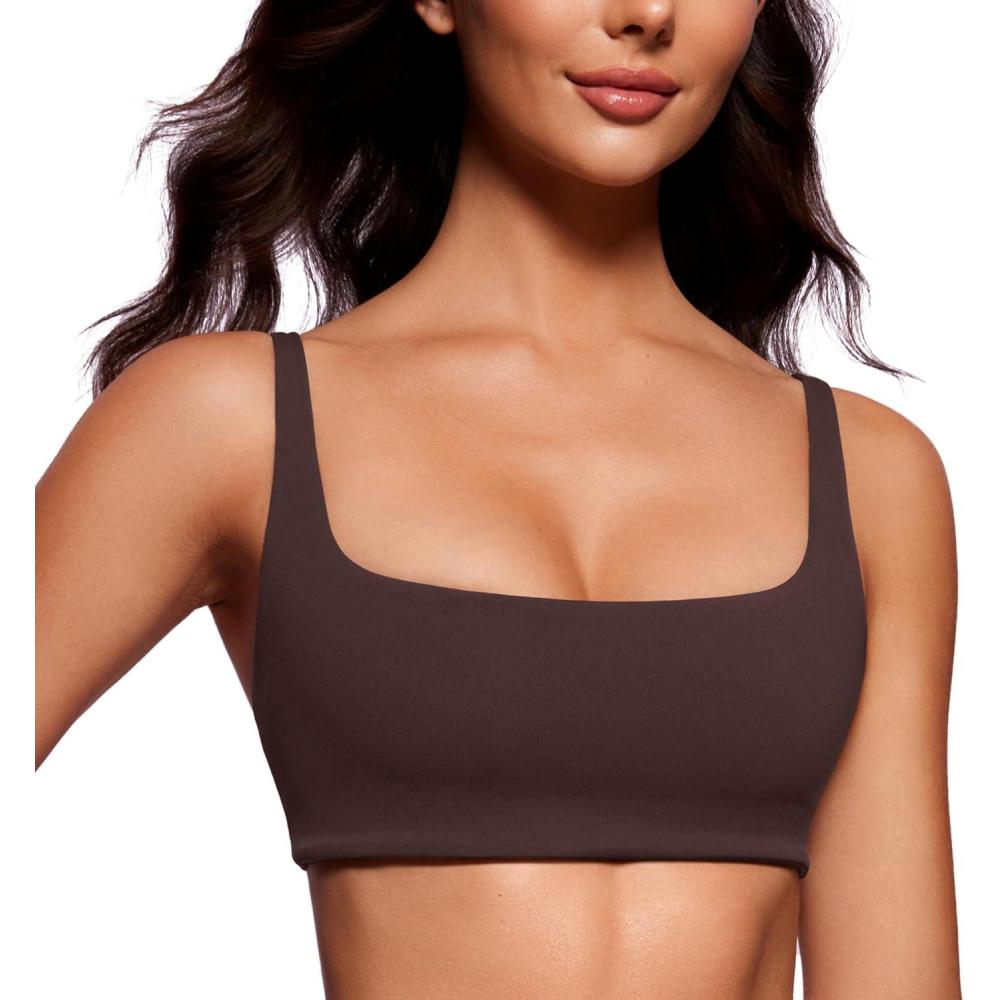 imageCRZ YOGA Butterluxe Square Neck Sports Bras for Women Spaghetti Strap Yoga Wireless Low Coverage Padded Cami Crop TopHot Fudge Brown