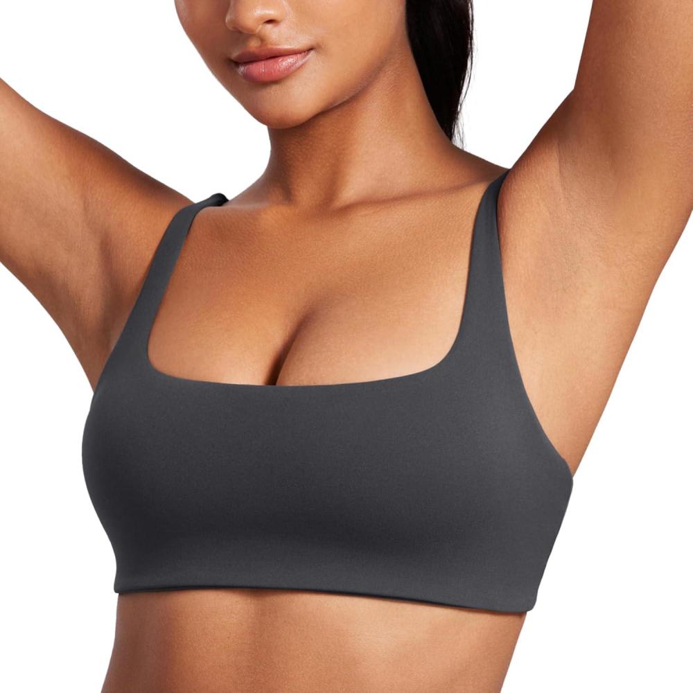 imageCRZ YOGA Butterluxe Square Neck Sports Bras for Women Spaghetti Strap Yoga Wireless Low Coverage Padded Cami Crop TopMysterious Grey