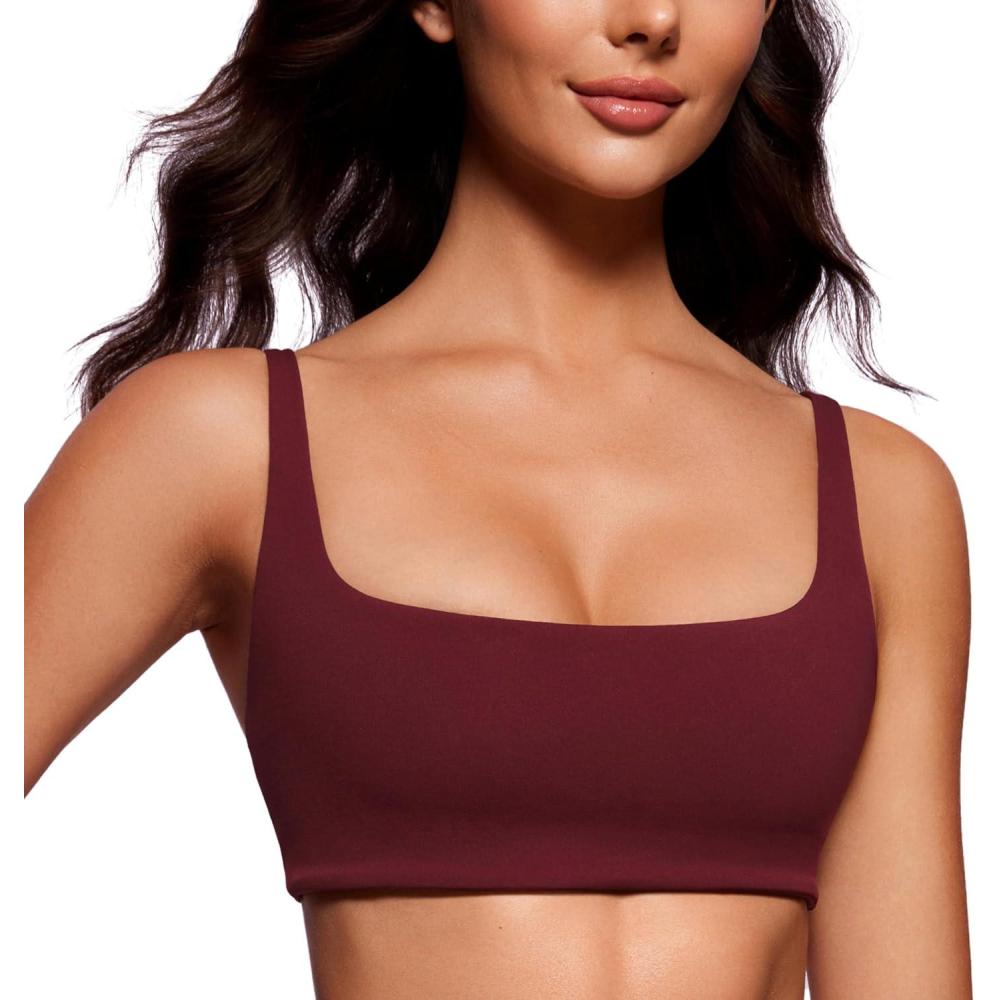imageCRZ YOGA Butterluxe Square Neck Sports Bras for Women Spaghetti Strap Yoga Wireless Low Coverage Padded Cami Crop TopRed Merlot