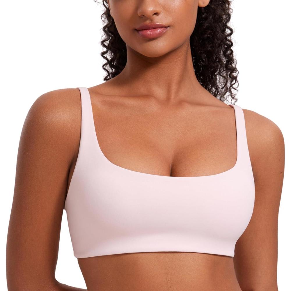 imageCRZ YOGA Butterluxe Square Neck Sports Bras for Women Spaghetti Strap Yoga Wireless Low Coverage Padded Cami Crop TopStrawberry Pink