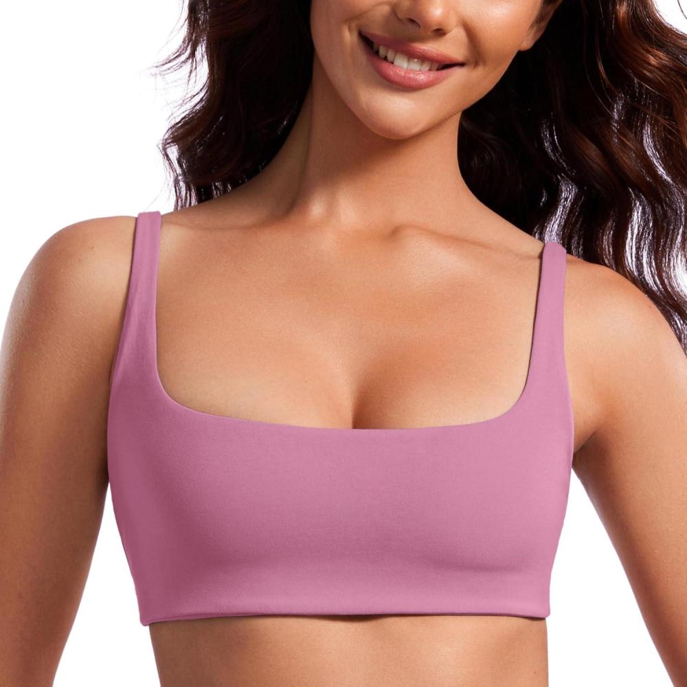 imageCRZ YOGA Butterluxe Square Neck Sports Bras for Women Spaghetti Strap Yoga Wireless Low Coverage Padded Cami Crop TopVelvet Dust