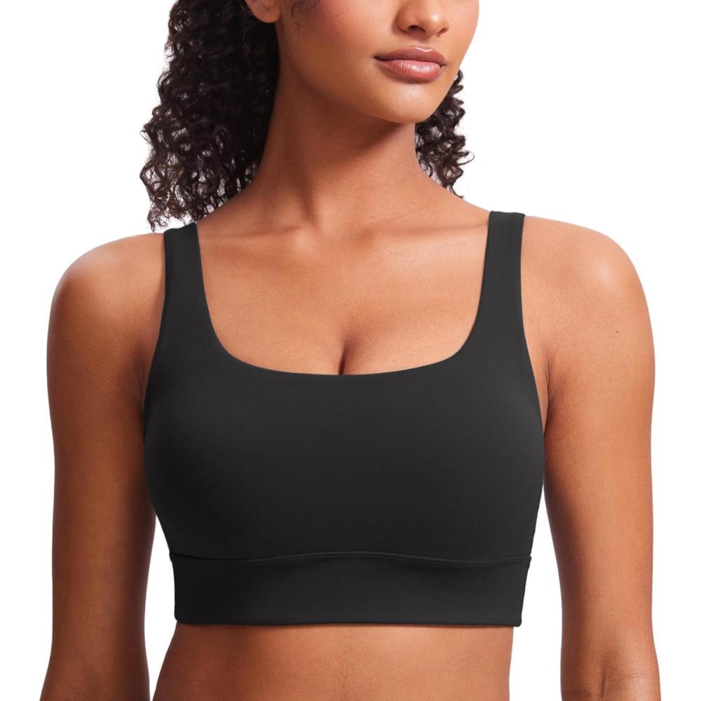 imageCRZ YOGA Butterluxe U Back Longline Sports Bras for Women  Scoop Neck Padded Yoga Workout Crop Top with Built in PadsBlack