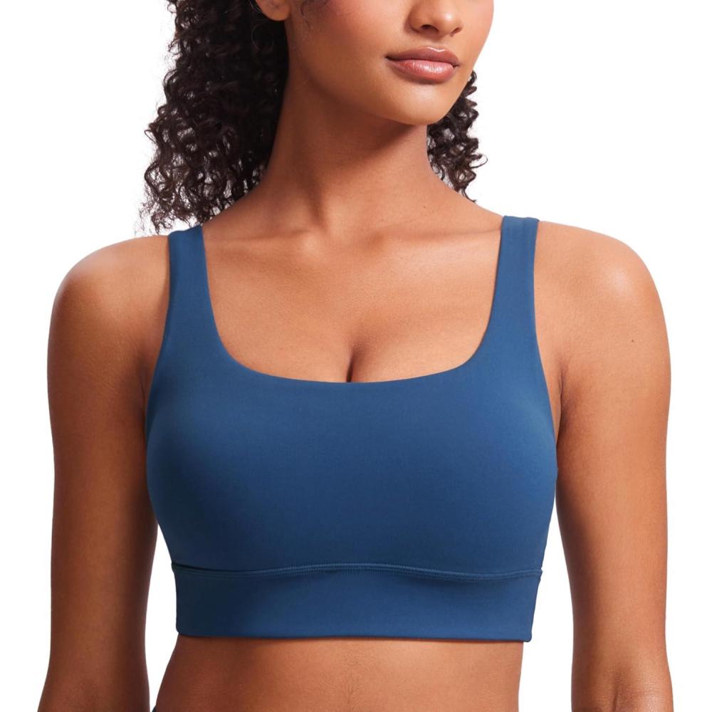 imageCRZ YOGA Butterluxe U Back Longline Sports Bras for Women Scoop Neck Padded Yoga Workout Crop Top with Built in PadsFrench Navy