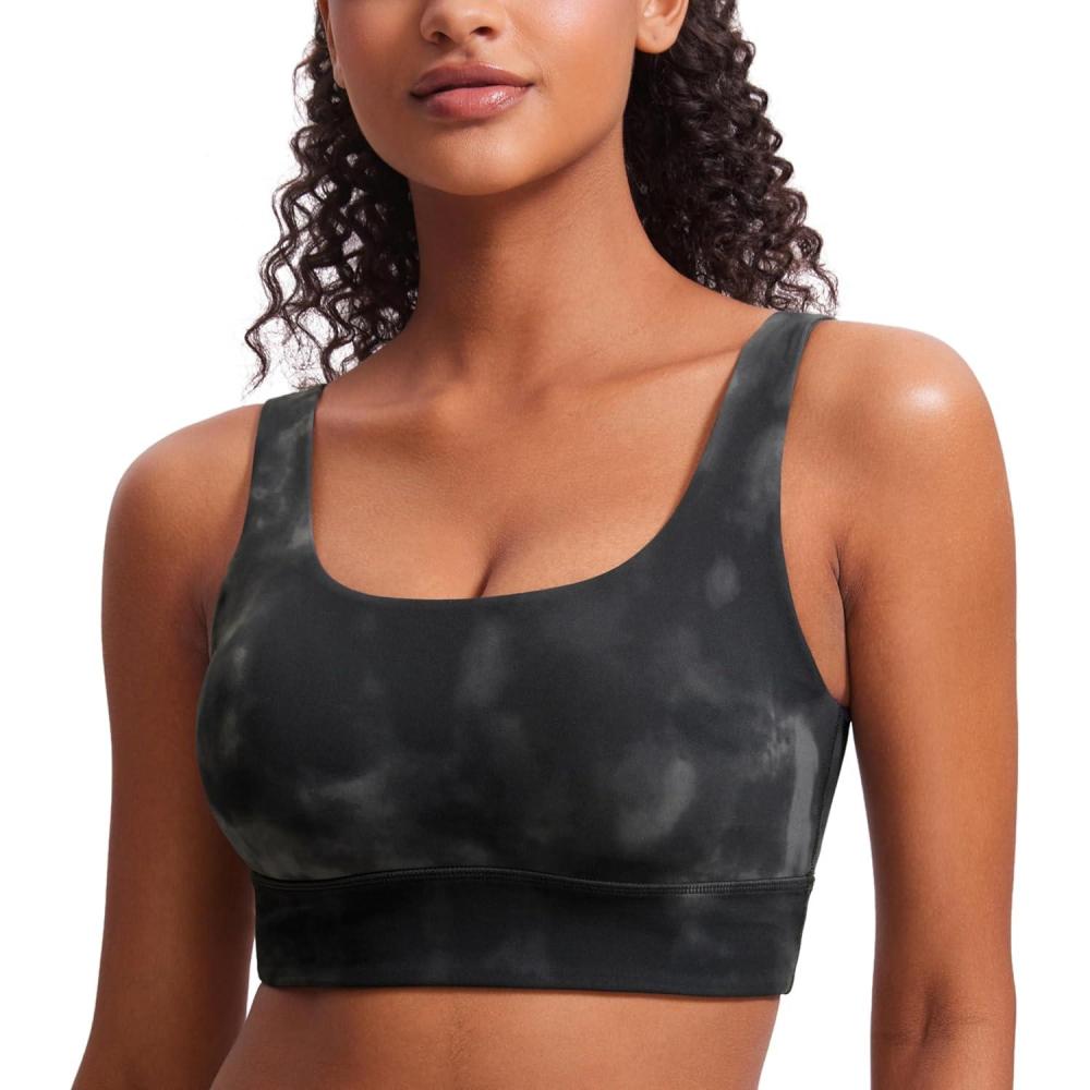 imageCRZ YOGA Butterluxe U Back Longline Sports Bras for Women Scoop Neck Padded Yoga Workout Crop Top with Built in PadsGrey Tie Dye Flowers