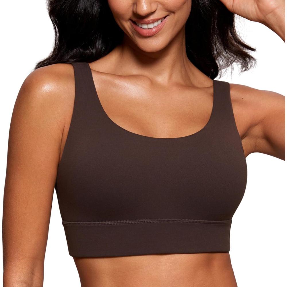 imageCRZ YOGA Butterluxe U Back Longline Sports Bras for Women Scoop Neck Padded Yoga Workout Crop Top with Built in PadsHot Fudge Brown