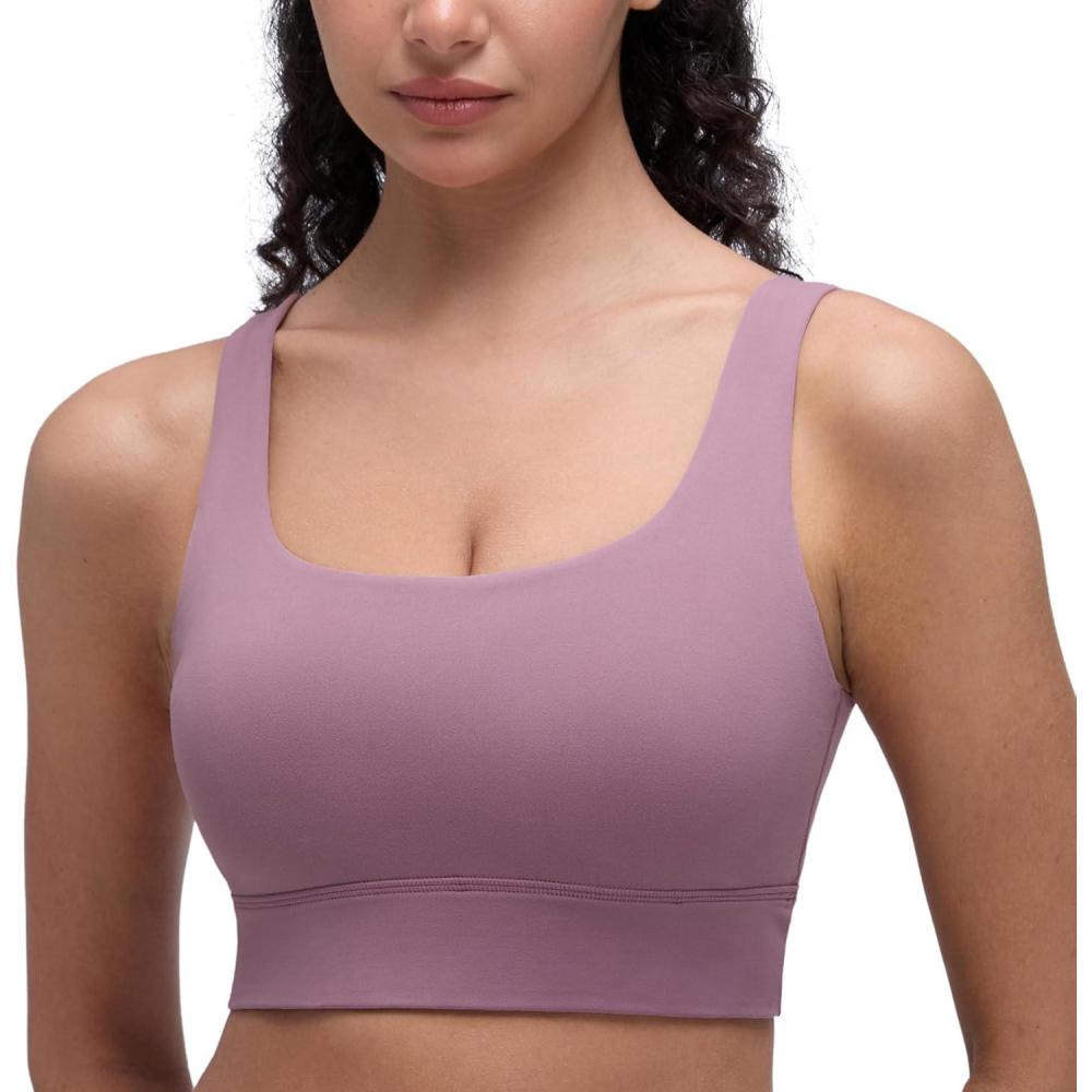 imageCRZ YOGA Butterluxe U Back Longline Sports Bras for Women Scoop Neck Padded Yoga Workout Crop Top with Built in PadsLight Lavender