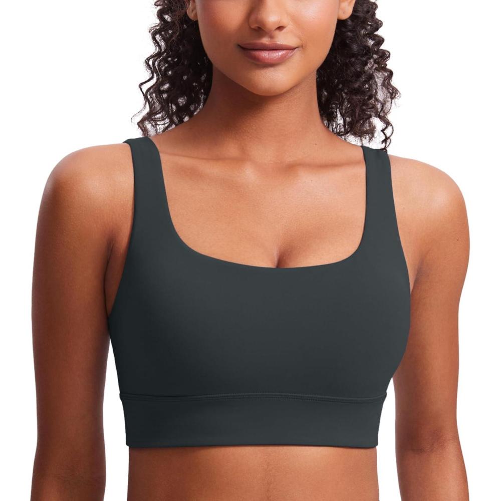 imageCRZ YOGA Butterluxe U Back Longline Sports Bras for Women Scoop Neck Padded Yoga Workout Crop Top with Built in PadsMelanite