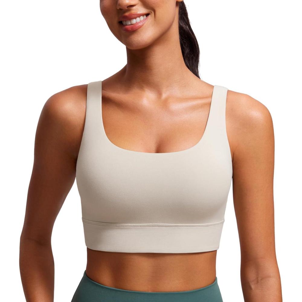 imageCRZ YOGA Butterluxe U Back Longline Sports Bras for Women Scoop Neck Padded Yoga Workout Crop Top with Built in PadsMojave Tan