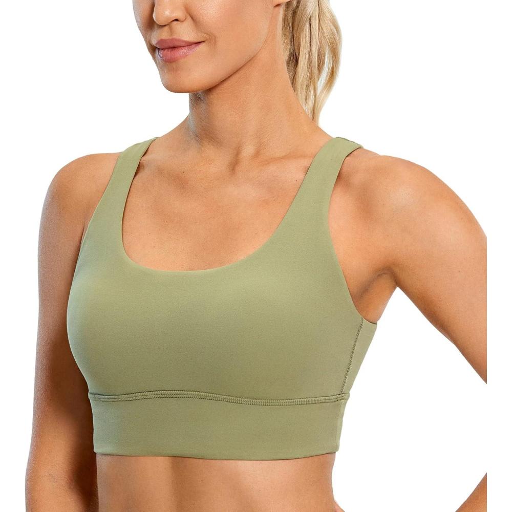 imageCRZ YOGA Butterluxe U Back Longline Sports Bras for Women Scoop Neck Padded Yoga Workout Crop Top with Built in PadsMoss Green