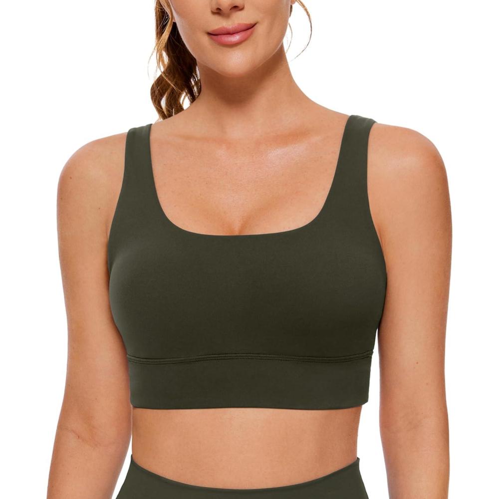 imageCRZ YOGA Butterluxe U Back Longline Sports Bras for Women Scoop Neck Padded Yoga Workout Crop Top with Built in PadsOlive Green
