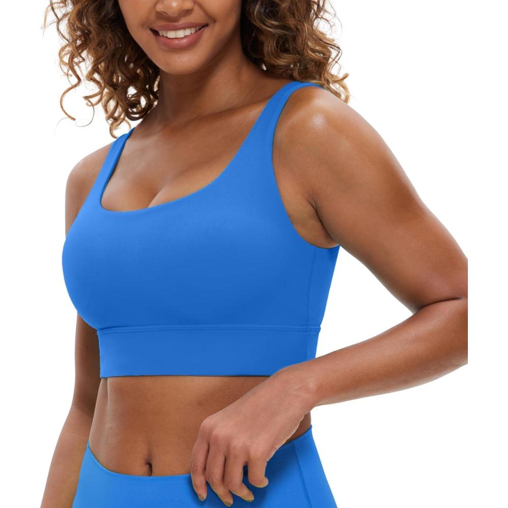 imageCRZ YOGA Butterluxe U Back Longline Sports Bras for Women Scoop Neck Padded Yoga Workout Crop Top with Built in PadsSparkle Blue